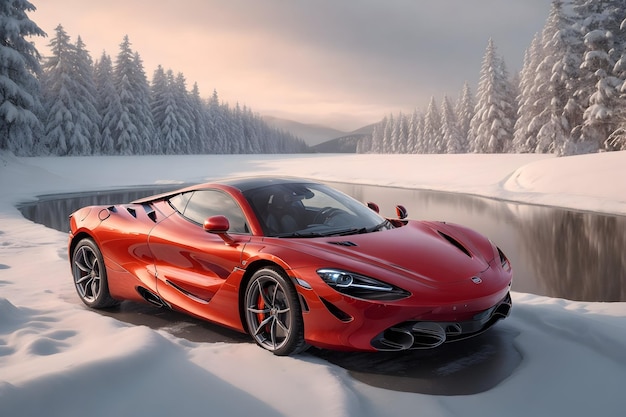 A photorealistic McLaren 720S glistening in the winter's embrace with snowflakes generative by Ai