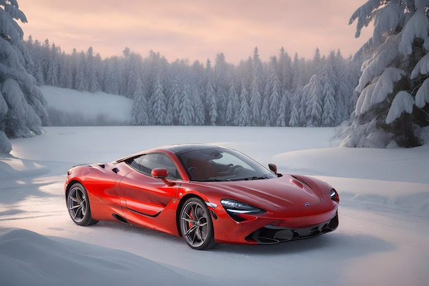 A photorealistic McLaren 720S glistening in the winter's embrace with snowflakes generative by Ai