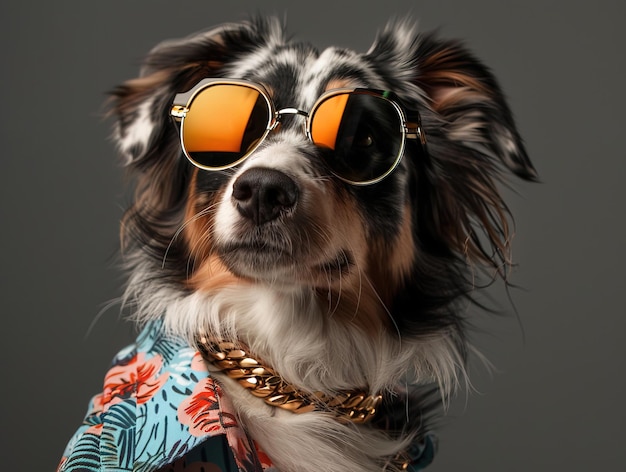 Photorealistic miami vice style Australian Shepherd sunglasses floral shirt gold chain Young man giving highfive to Australian Shepherd dog on background