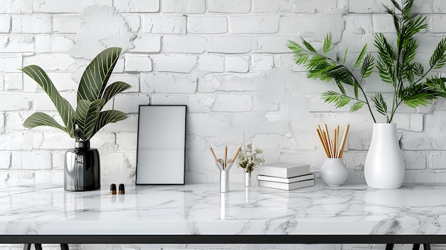 Photo photorealistic minimalist desk setup with marble countertop and white brick wall background