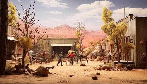 Photorealistic museum diorama of WESTERN COWBOYS IN western town with fake tree