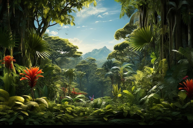 An Photorealistic Nature Tropical Rainforest with Diverse Flora