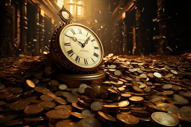 Photorealistic pastiche Clock amidst towering piles of money