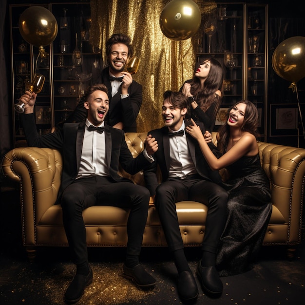 photorealistic photo of a home party young people in black party clothes sitting on a golden sofa