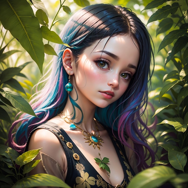 Photorealistic portrait of a cute friendly little girl in the jungle