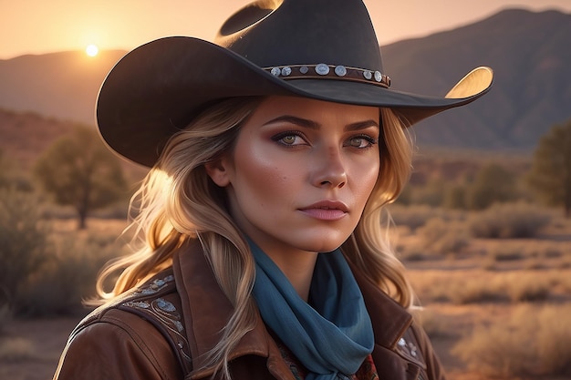 Photorealistic portrait of female cowboy at sunset