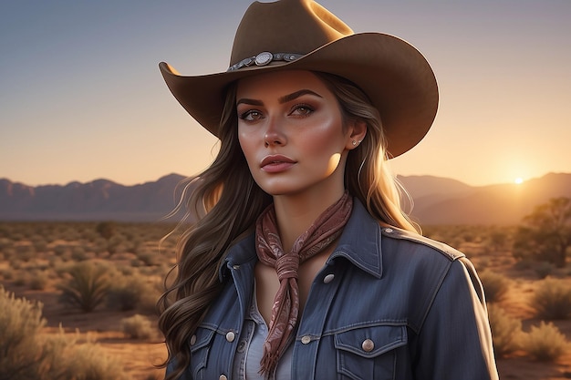 Photorealistic portrait of female cowboy at sunset