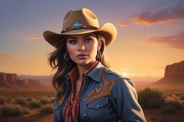 Photorealistic portrait of female cowboy at sunset