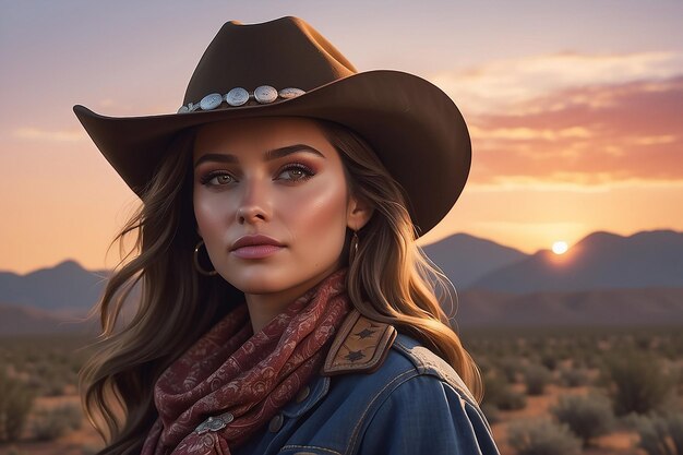 Photorealistic portrait of female cowboy at sunset