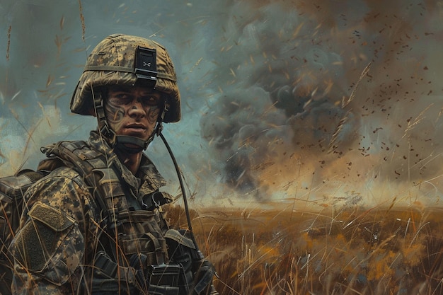 A photorealistic portrait of a military soldier positioned against a dramatic war backdrop