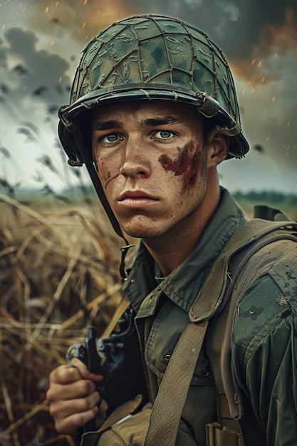 A photorealistic portrait of a military soldier positioned against a dramatic war backdrop