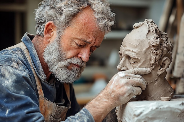 Photorealistic Portrait of a Sculptor Shaping a Clay Bust