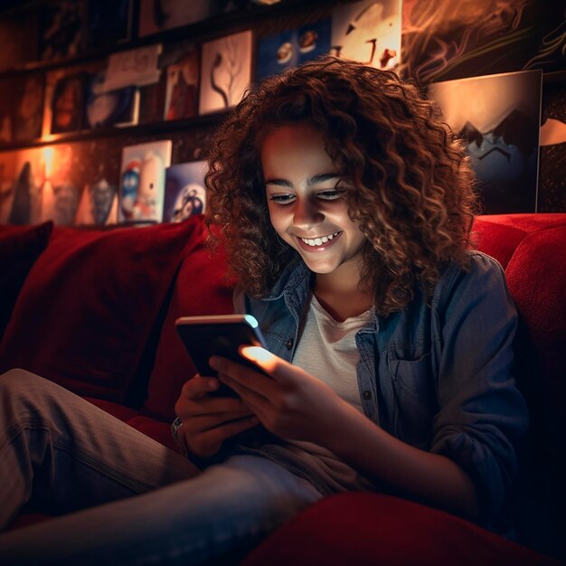 Photorealistic portrait A teenage girl secluded herself with her phone on the sofa Nice chatting