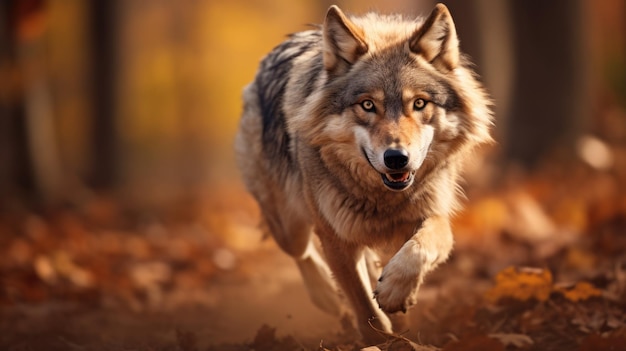 Photorealistic Portraiture A Wolf Running Through The Autumn Forest