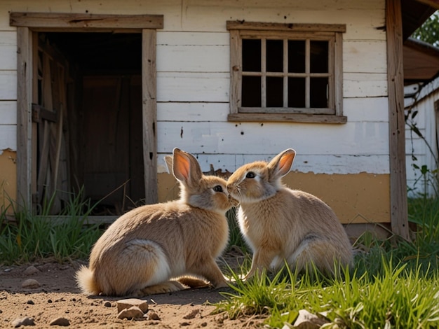 Photorealistic rabbit running in front of the house