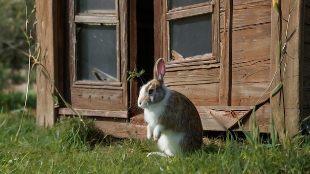 Photorealistic rabbit running in front of the house