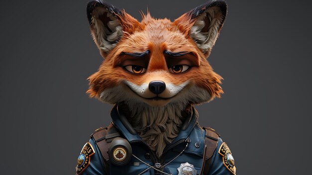 A photorealistic rendering of a fox in a police uniform