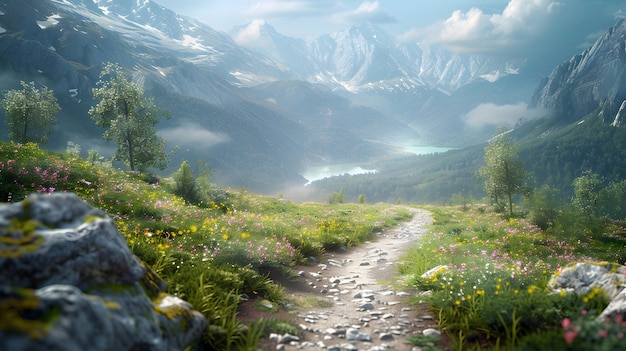 Photorealistic Scenic Hiking Trail near Wellness Retreat High Resolution Image Promoting Physical