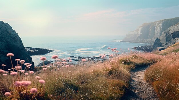 Photorealistic seascape with flowers on the seashore