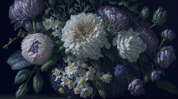 A photorealistic still life painting of a vase of flowers