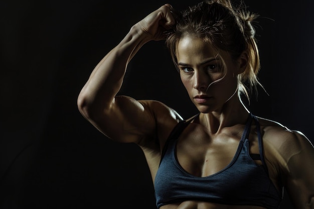 photorealistic studio portrait of a muscular woman bodybuilder on black background