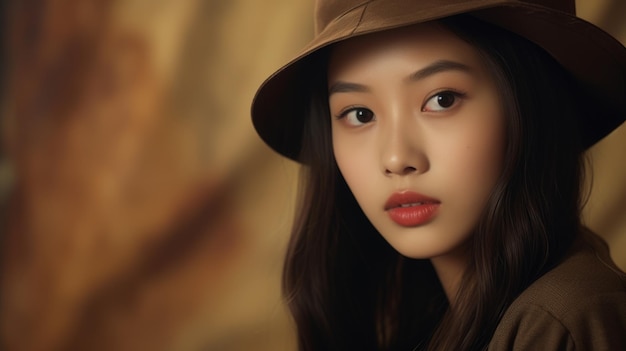 Photorealistic Teen Chinese Woman with Brown Straight Hair Vintage Illustration Portrait of a person wearing hat retro 20s movie style Retro fashion Ai Generated Horizontal Illustration