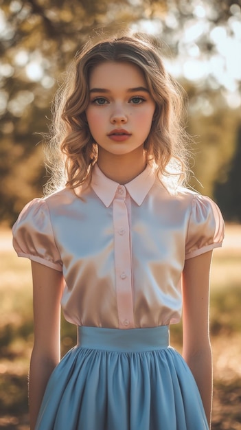 Photo photorealistic teen girl in light pink satin blouse