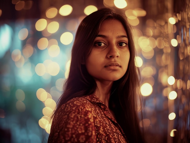 Photorealistic Teen Indian Woman with Brown Straight Hair vintage Illustration