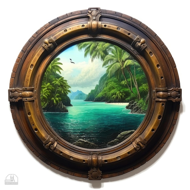 Photorealistic tropical paradise landscape framed by the porthole of a ship