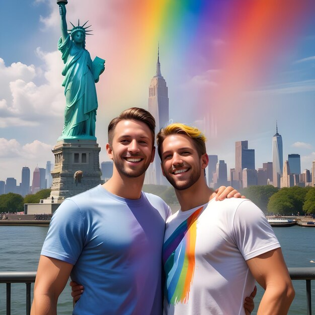 Photorealistic vibrant rainbow colors with men celebrating Pride together