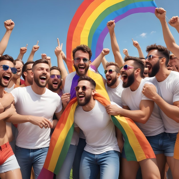 Photorealistic vibrant rainbow colors with men celebrating Pride together