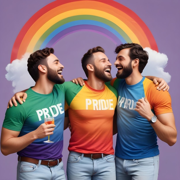 Photorealistic vibrant rainbow colors with men celebrating Pride together