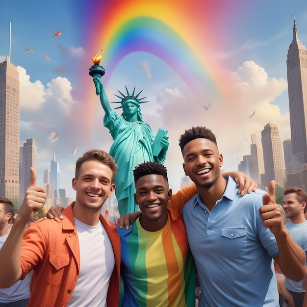 Photorealistic vibrant rainbow colors with men celebrating Pride together