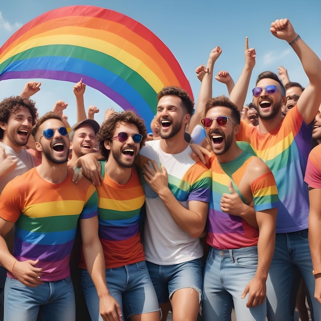 Photorealistic vibrant rainbow colors with men celebrating Pride together