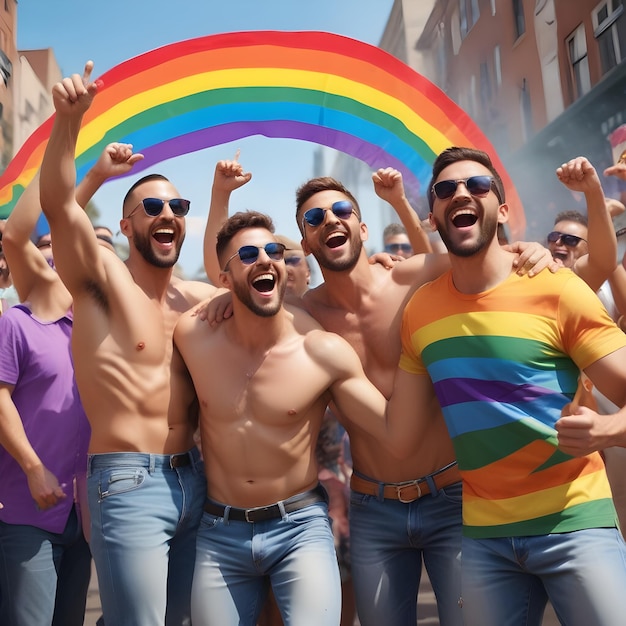 Photorealistic vibrant rainbow colors with men celebrating Pride together