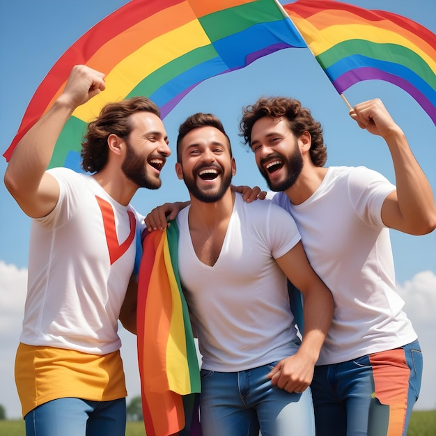 Photorealistic vibrant rainbow colors with men celebrating Pride together