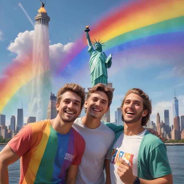 Photorealistic vibrant rainbow colors with men celebrating Pride together