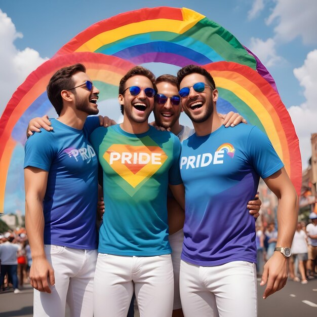 Photorealistic vibrant rainbow colors with men celebrating Pride together