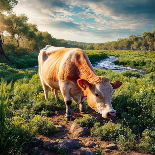 Photorealistic view of cow grazing in nature outdoors