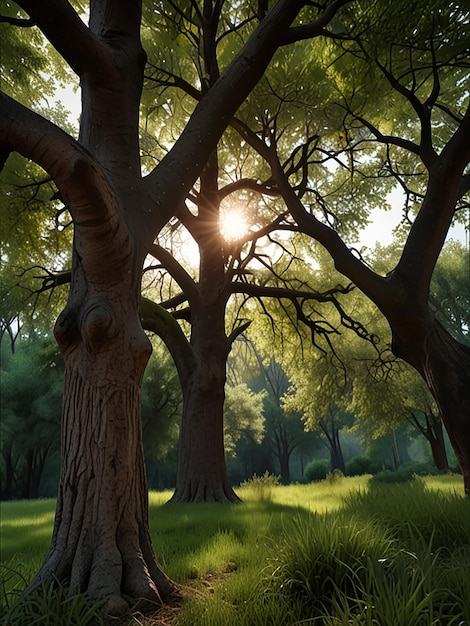 Photorealistic view of tree in nature with branches and trunk