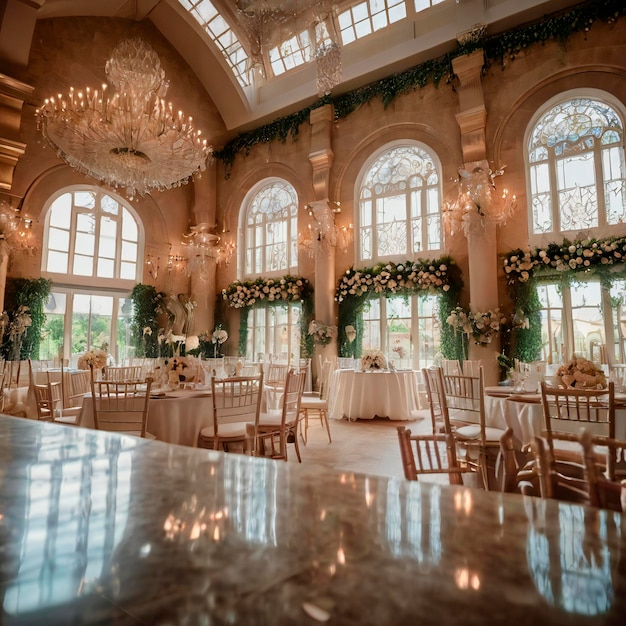 Photorealistic wedding venue with intricate decor and ornaments