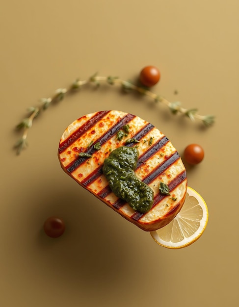 Photo photorealistic with isolated and floating of argentinian provoleta con chimichurri grilled provolon