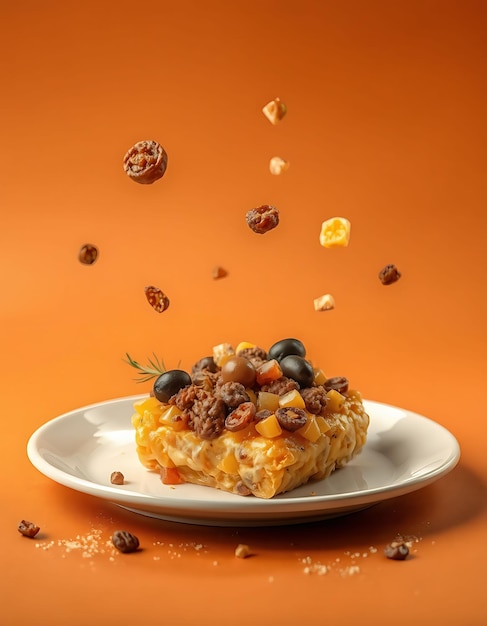 Photorealistic With Isolated and Floating of Chilean Pastel De Choclo Corn Ground Beef Onions Olive