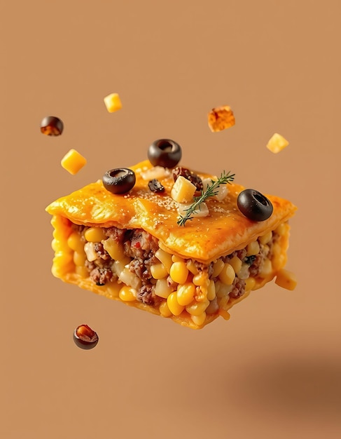 Photorealistic With Isolated and Floating of Chilean Pastel De Choclo Corn Ground Beef Onions Olive