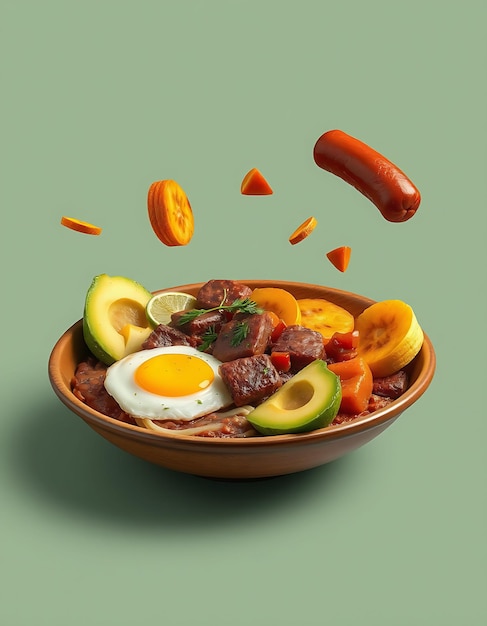 Photo photorealistic with isolated and floating of colombian bandeja paisa gourmet beef sausage egg plant