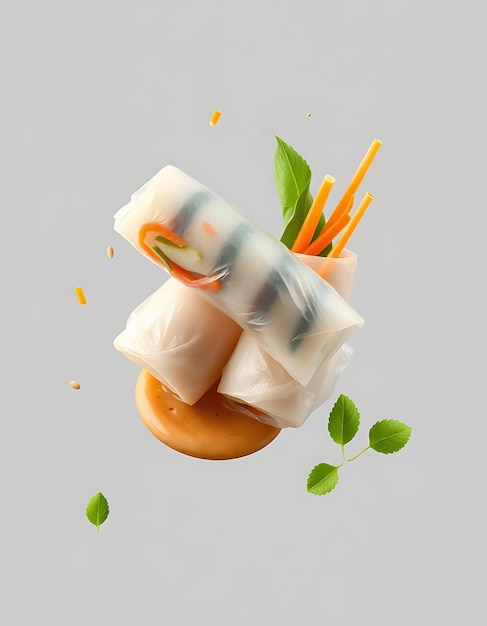 Photo photorealistic with isolated and floating of delicate vietnamese summer rolls pickled daikon and ca