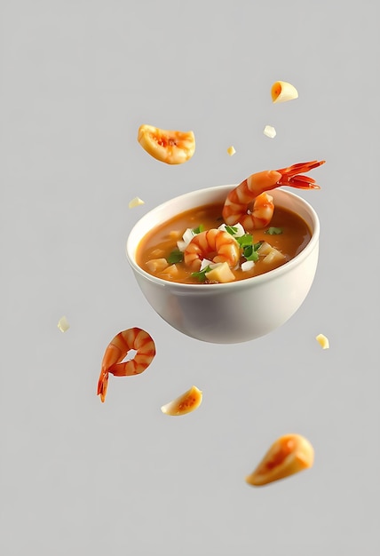 Photorealistic With Isolated and Floating of Egusi Soup Pounded Yam Roasted Shrimp Chopped Onions E