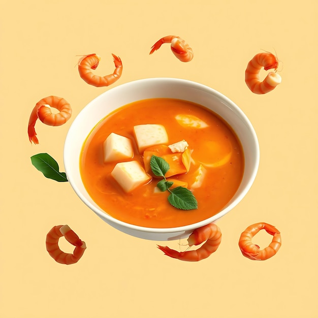 Photorealistic With Isolated and Floating of Laksa Laksa Leaves Tofu Puffs Shrimp Surrounded Like a