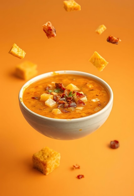 Photorealistic With Isolated and Floating of Paraguayan Sopa Paraguaya Cornbread Queso De Paran Oni