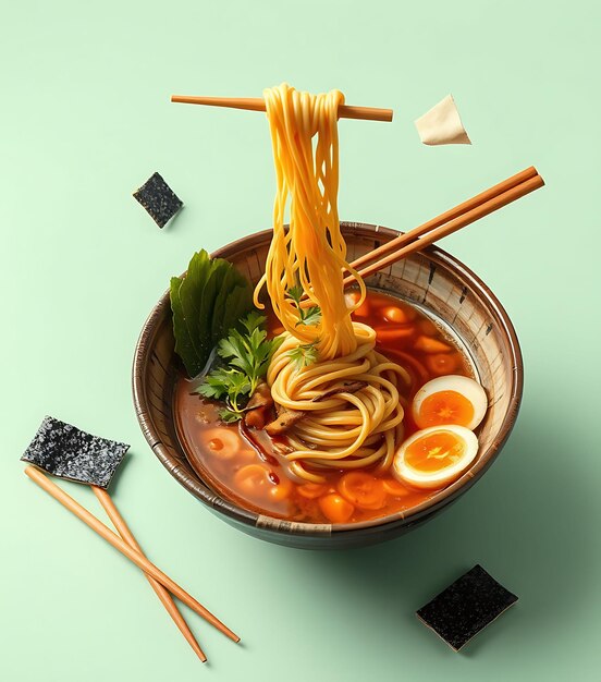 Photo photorealistic with isolated and floating of ramen bowl chopsticks narutomaki nori sheets surrounde